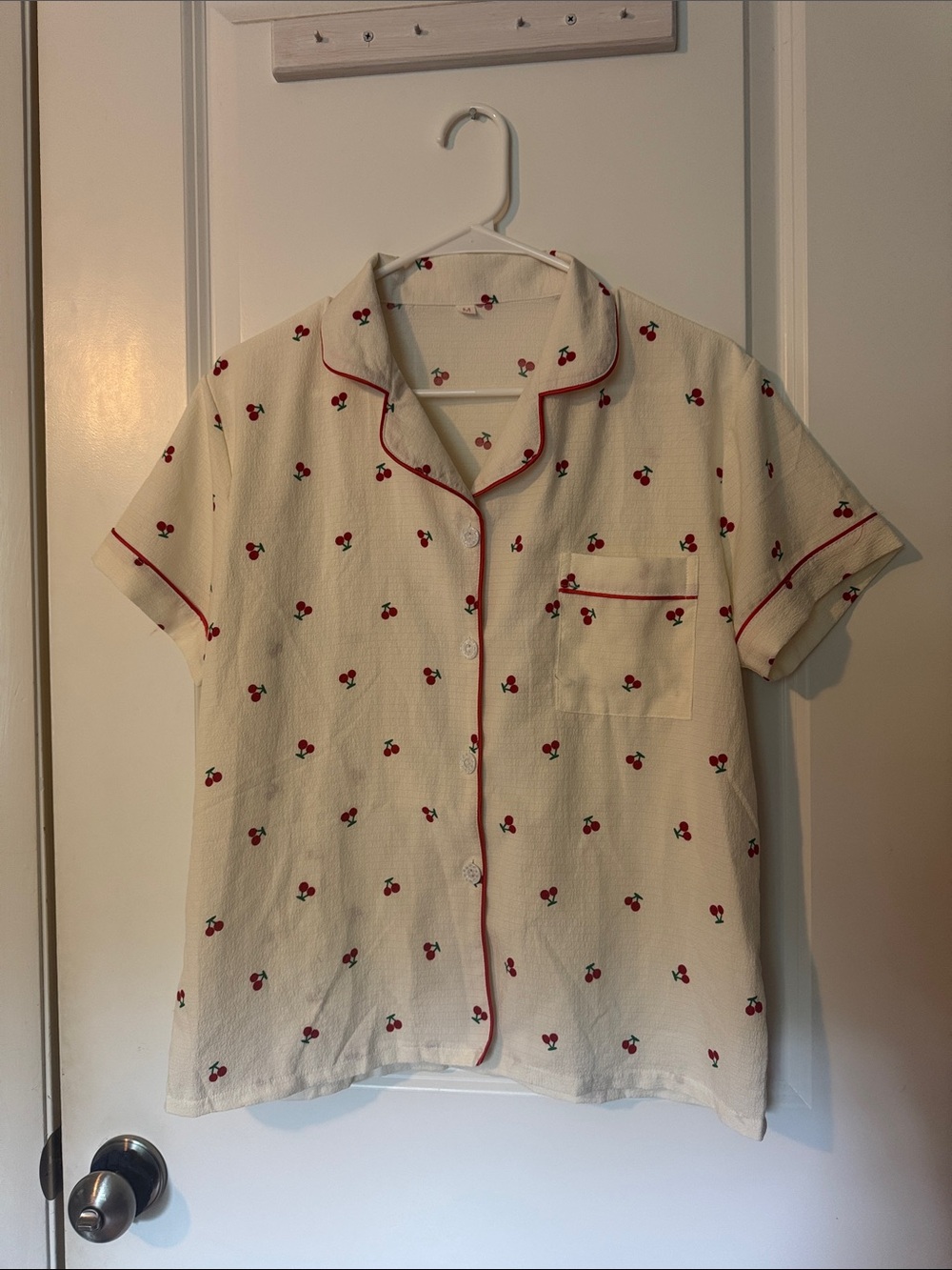 Cherry Print Piping Detail Short Sleeve Shirt PJ button down top cute lounge M